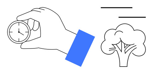 Hand grasping stopwatch emphasizing time management and productivity, paired with a minimalist tree icon suggesting sustainability. Ideal for ecology, time-saving, efficiency, productivity