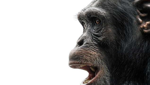 Close-up profile of a surprised chimpanzee looking right against a black background
