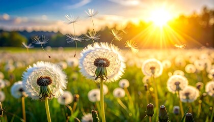 Dandelions in sun-drenched field with seeds blowing in the wind, against blue sky