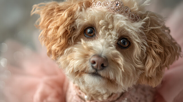 Fluffy dog in pink tutu and tiara with soft bubble background. Adorable canine wearing delicate pink ballet costume a charming crown against a gentle airy backdrop.