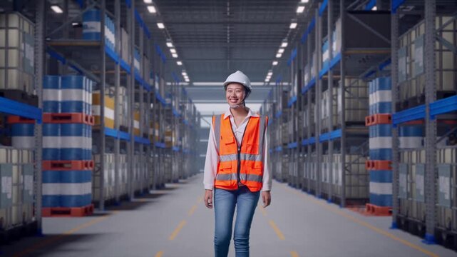 Front View of Asian Female Engineer Walking at Warehouse Aisle with Chemical or Oil Barrels on Pallet Racking
