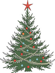 Watercolor holiday Christmas tree with ornaments, confetti, and star, no background, clean festive winter illustration, New Year greeting card vector.