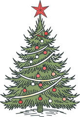 Fototapeta premium Watercolor Christmas tree with colorful ornaments, confetti, and star, no background, festive winter design, detailed holiday illustration, New Year vector art.