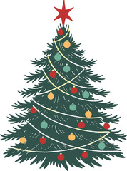 Artistic watercolor Christmas tree featuring colorful decorations, confetti, and star, no background, festive seasonal illustration, winter holiday greeting card vector.