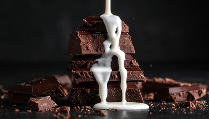 Dark chocolate pieces stacked high with white cream drizzled down over, on a dark background