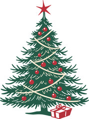 Watercolor Christmas tree with vibrant balls, confetti, and star topper, no background, detailed winter illustration, Christmas and New Year vector design.