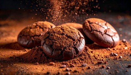 Dark chocolate cookies, dusted with cocoa powder on a dark background, create a tempting and delicious scene