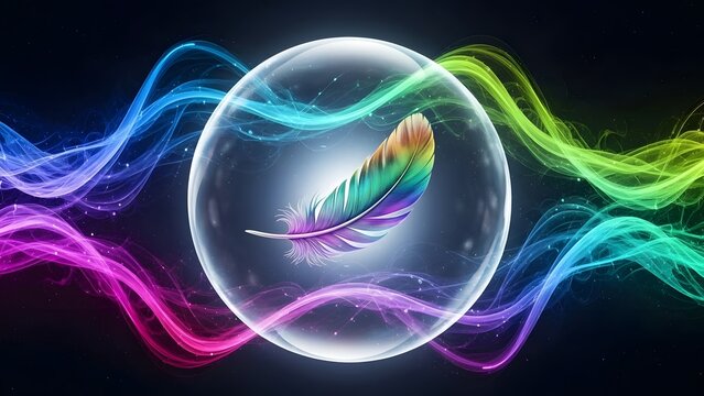 Vibrant feather encased in a glass orb surrounded by colorful energy waves on a dark background