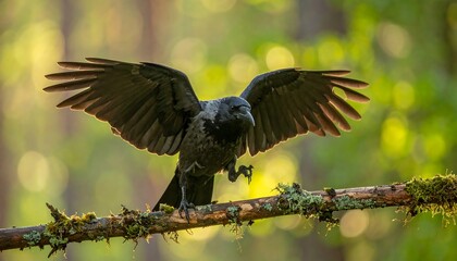 Dark crow spreading wings, perches on mossy branch against a sun-dappled green foliage backdrop in a natural setting