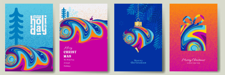 Christmas holiday background set, Xmas greeting card design with bright colorful concept vector illustration