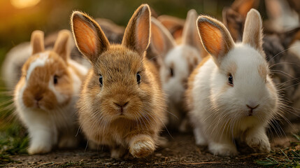cute rabbits. Adorable fluffy bunnies hopping playfully in a green meadow enjoying a sunny day exhibiting endearing charm and gentle nature.