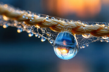 Obraz premium Dewdrop Reflecting Golden Sunset on Rope