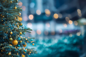 Sapin de No&euml;l d&eacute;cor&eacute; de boules dor&eacute;es et guirlandes lumineuses avec bokeh bleu hivernal flou en arri&egrave;re-plan pour No&euml;l et f&ecirc;tes de fin d&rsquo;ann&eacute;e c&eacute;l&eacute;bration r&eacute;veillon en d&eacute;cembre