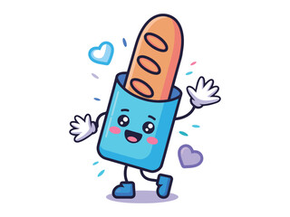 Adorable baguette cartoon mascot with hearts, perfect for food lovers, bakeries, or cute designs that spread joy and celebrate fresh bread with happy feelings