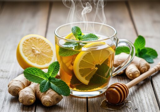 Steaming hot lemon ginger tea with fresh mint and honey isolated on white background