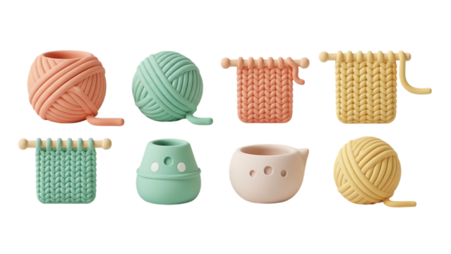 Knitting supplies and projects isolated on transparent background