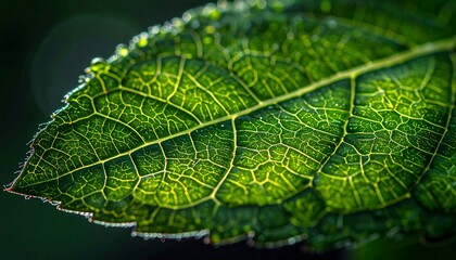 Detailed macro view of a green leaf showing intricate veins and dew drops against a blurred dark background