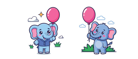 Adorable elephant character set celebrating friendship with a vibrant pink balloon for baby showers and heartwarming greeting cards for kids, perfect for any project