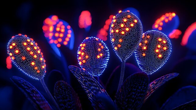 Abstract futuristic glowing plants with vibrant orange and electric blue neon lights, creating a mystical dark botanical display.