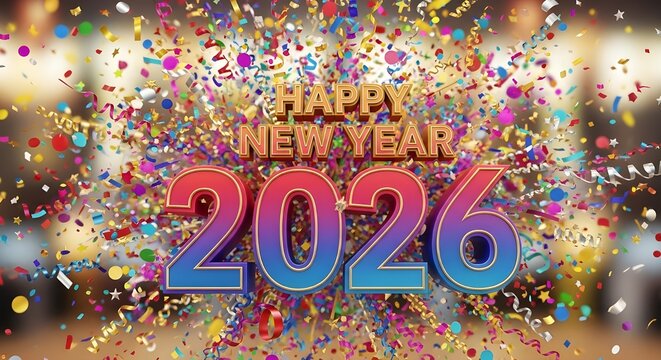 The vibrant gradient 3D "Happy New Year 2026" numbers are surrounded by a confetti explosion. - Powered by Adobe