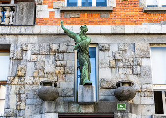 A statue of Moses by Lojze Dolinar at the entrance of the National and University Library of Slovenia, designed by Joze Plecnik, on Turjaska Street, Ljubljana, Slovenia
