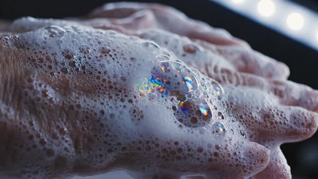 Close up view of hands lathered with soap suds and bubbles for hygiene and cleanliness