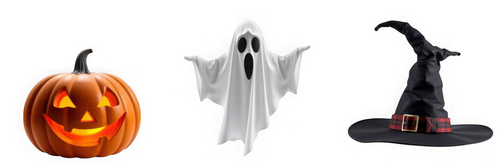 Halloween Trio: Pumpkin Ghost and Witch Hat on White.