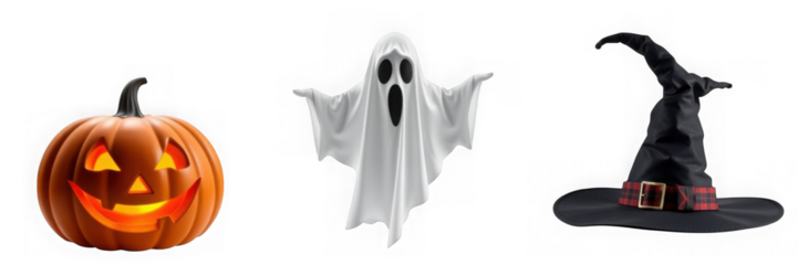 Halloween Trio: Pumpkin Ghost and Witch Hat on White.