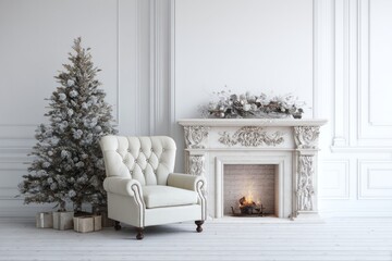 Elegant room features a decorated Christmas tree and armchair by a fireplace.
