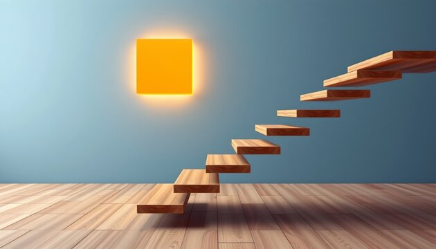 Floating Wooden Staircase Leading Glowing Golden Cube