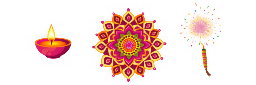 Diwali Celebration: Traditional Lamp Rangoli and Sparkler Symbols.
