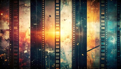 Obraz premium Distressed filmstrips with varied colors and textures, a bright light shining in the middle, vintage look