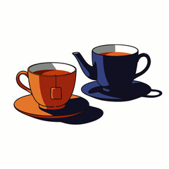 This clean graphic illustration presents an inviting orange teacup with a tea bag and a stylish dark blue teapot, perfect for a relaxing hot drink.