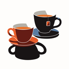 A vibrant vector illustration showcases two stylized cups of hot tea, one with a teabag, resting on saucers, perfect for modern graphic design projects.
