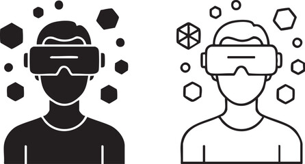Two stylized icons of a person wearing virtual reality goggles silhouette isolated on transparent background