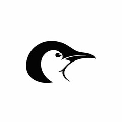 Stylized black and white illustration of a penguin head in a curved design