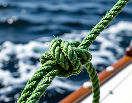 Weathered Green Rope Tied Plex Knot Against Ocean Background