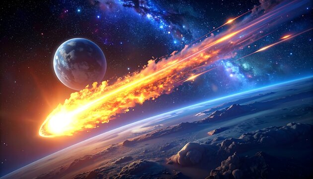 Fiery meteor streaks across the blue Earth in space, stars shining in the background - Powered by Adobe