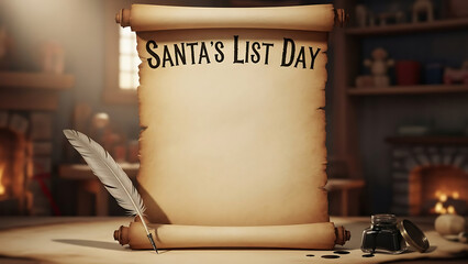 A scroll labeled santa's list day with a quill and inkwell on a wooden surface 4K and HD image