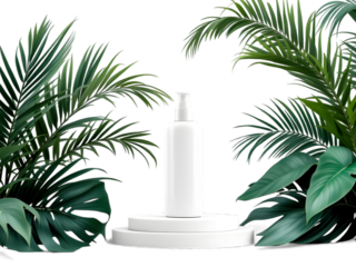 dramatic tropical jungle, lush green palm leaves, dramatic lighting, white podium, award ceremony backdrop, highly detailed, cinematic composition, studio lighting, photorealistic
