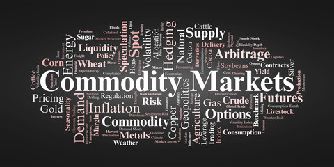 Commodity Markets Word Cloud. Key Concepts on Global Trading, Pricing, and Risk Dynamics