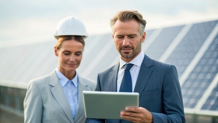 Two professionals, one in a suit and the other in a hard hat, review a digital tablet with solar panels in the background.