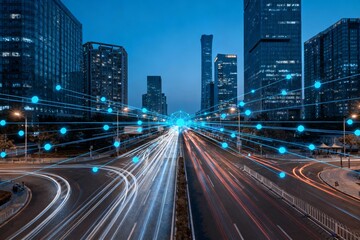 Obraz premium Nighttime cityscape with illuminated roads and buildings