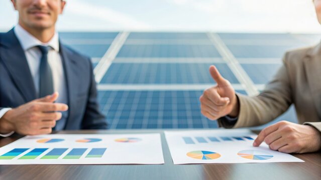 Business professionals discussing solar energy data with charts in front of solar panels, showcasing a focus on sustainability.