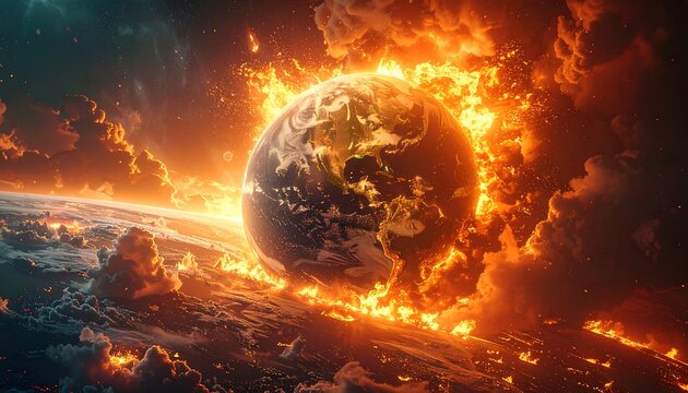 Fiery planet engulfing Earth, surrounded by dramatic, billowing clouds of smoke and flame, a scene of impending doom