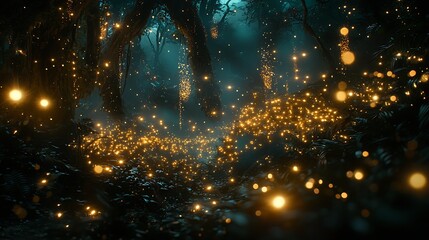 Magical Night Forest Illuminated by Shimmering Golden Light Particles and Mystical Mist