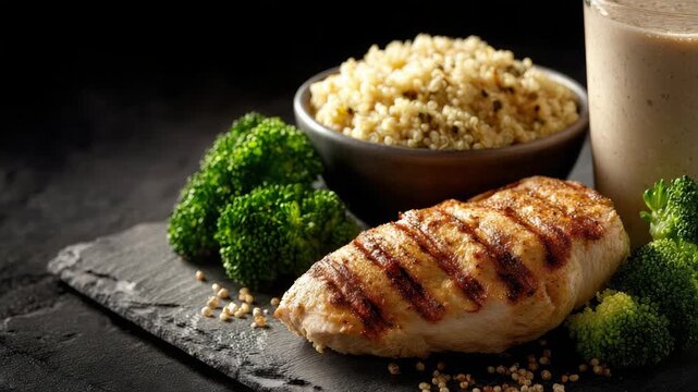 Fitness Lunch: Grilled Chicken Fillet Quinoa Broccoli, and Protein Shake