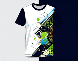 Modern T-shirt design featuring circuit board and geometric elements