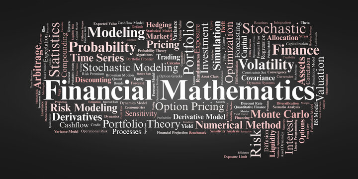 Financial Mathematics Word Cloud. Essential Concepts in Pricing, Risk, and Modeling