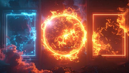 Fiery sun and blue energy, framed in vibrant rectangles, amidst clouds. A bright celestial scene